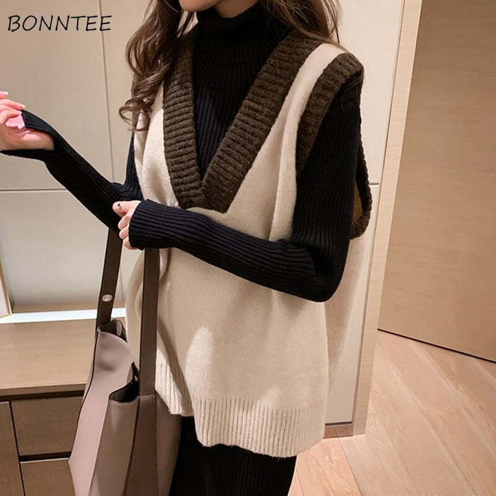 Sweater Vest Women Patchwork Korean Style High Quality Knitted All-Match Students Retro Leisure Young Ladies Simple Leisure Cosy