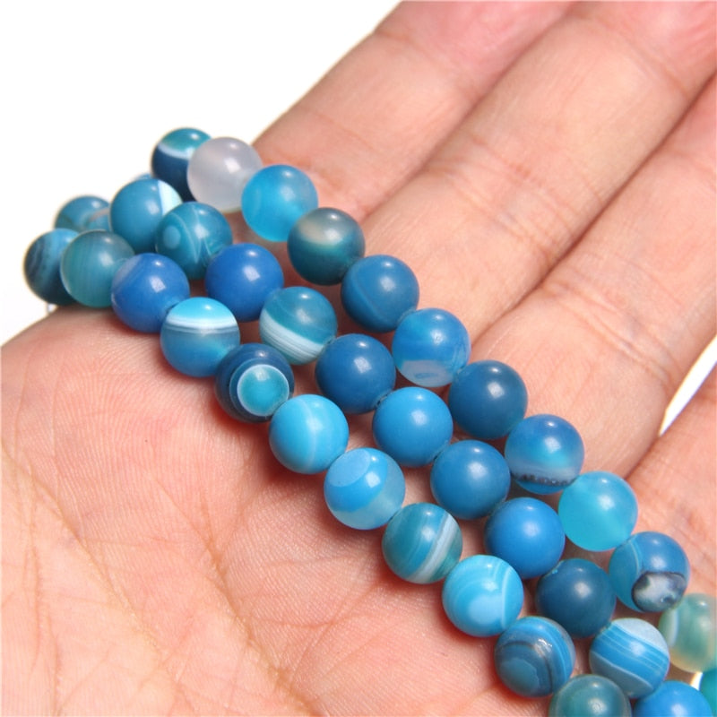 Matte Blue Striped Agate Stone Beads - 6mm, 8mm, 10mm