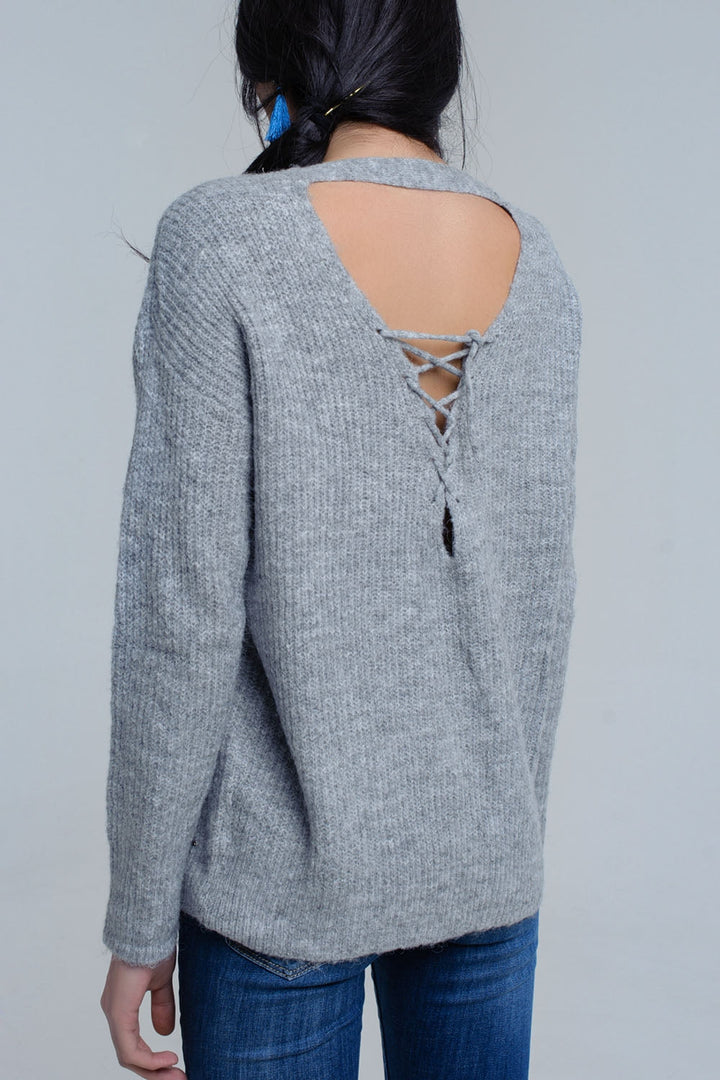 Soft Gray Knitted Sweater with Stylish Tie-Back Closure