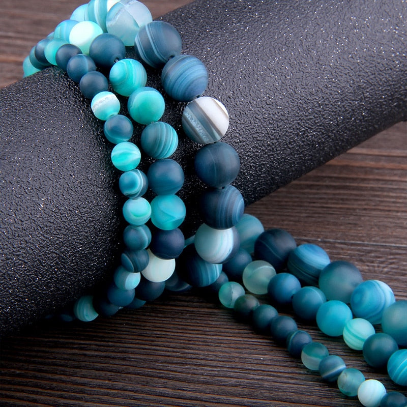 Matte Blue Striped Agate Stone Beads - 6mm, 8mm, 10mm