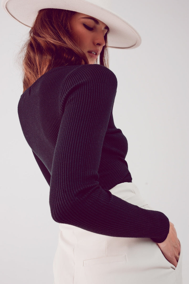 Black Ribbed V-Neck Sweater