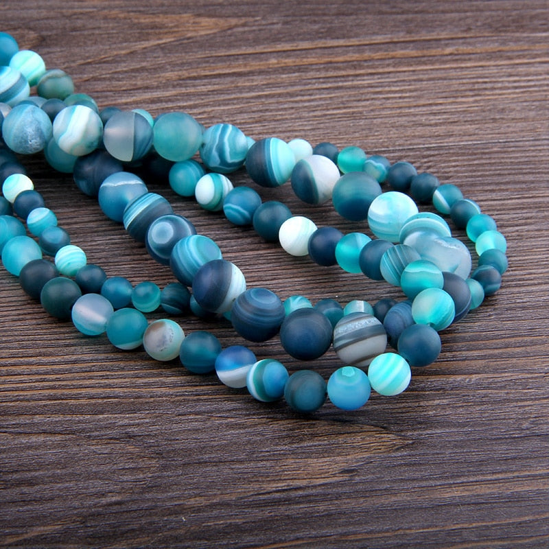 Matte Blue Striped Agate Stone Beads - 6mm, 8mm, 10mm