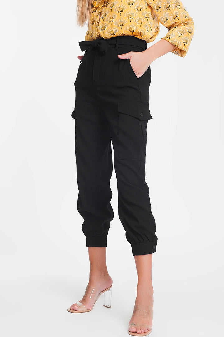 Cargo Pants with Adjustable Belt - Midnight Black